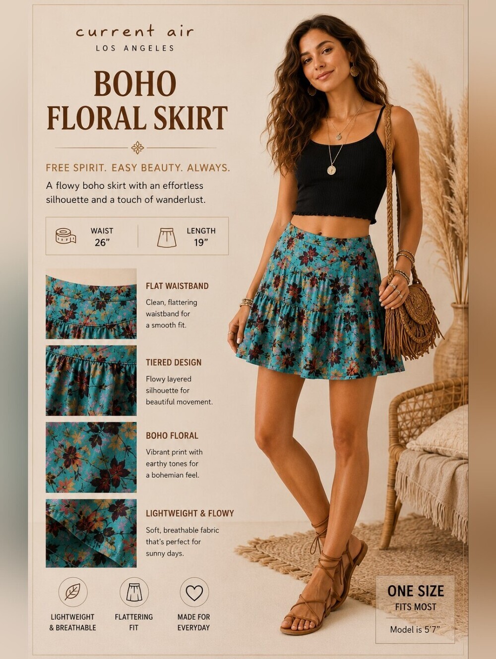 Peruvian Connection Teal Floral Satin Mini Skirt US 4 Boho Artsy Tropical Print